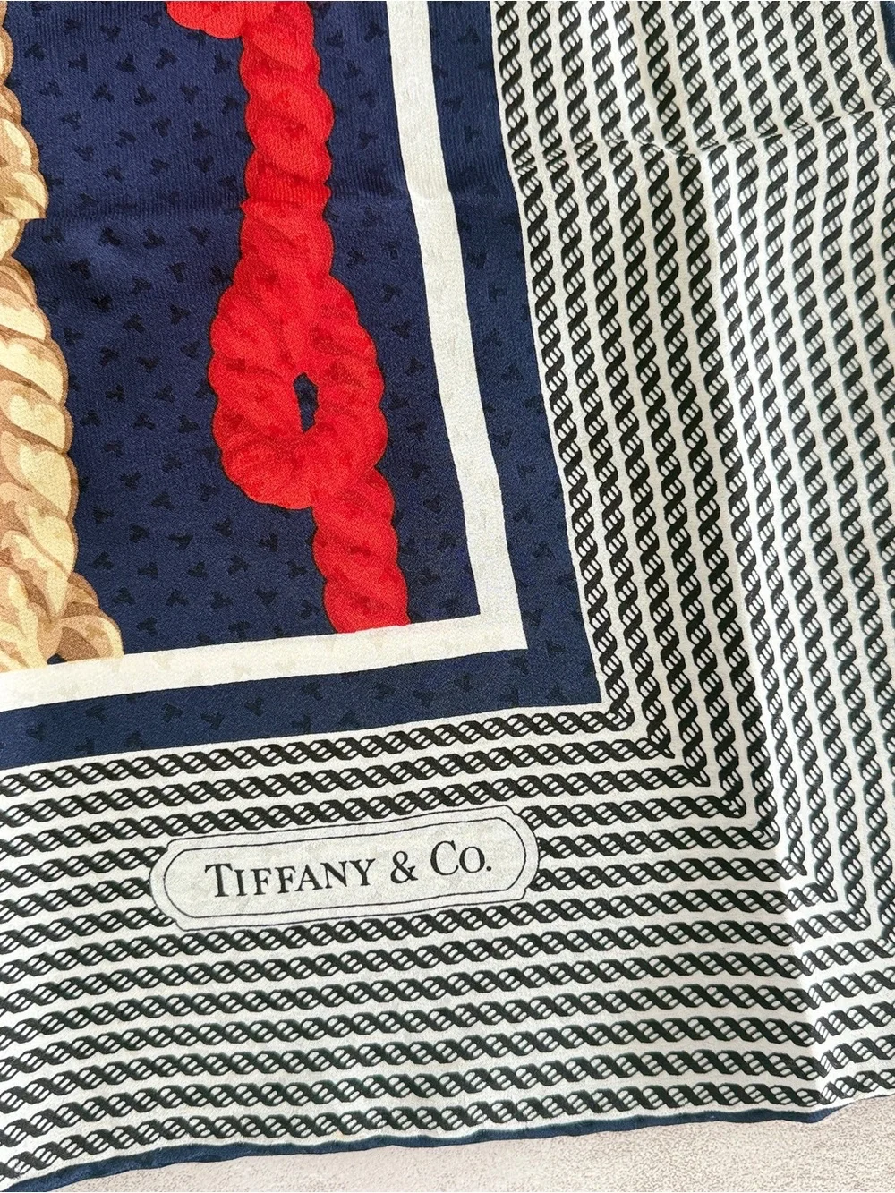 Tiffany & Co. Navy, Red & Gold Floral Silk Scarf with Graphic Border